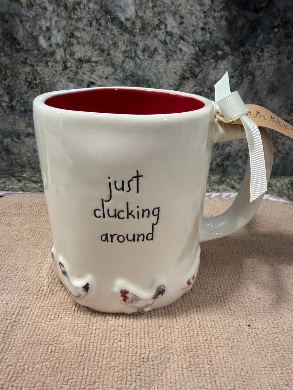 NWT Rae Dunn “Just Clucking Around” 16 oz Ceramic Mug Farmhouse Chicken Mug